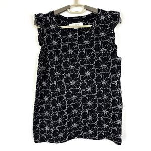 LOFT Floral embroidered cotton blouse black white eyelet ruffle career office